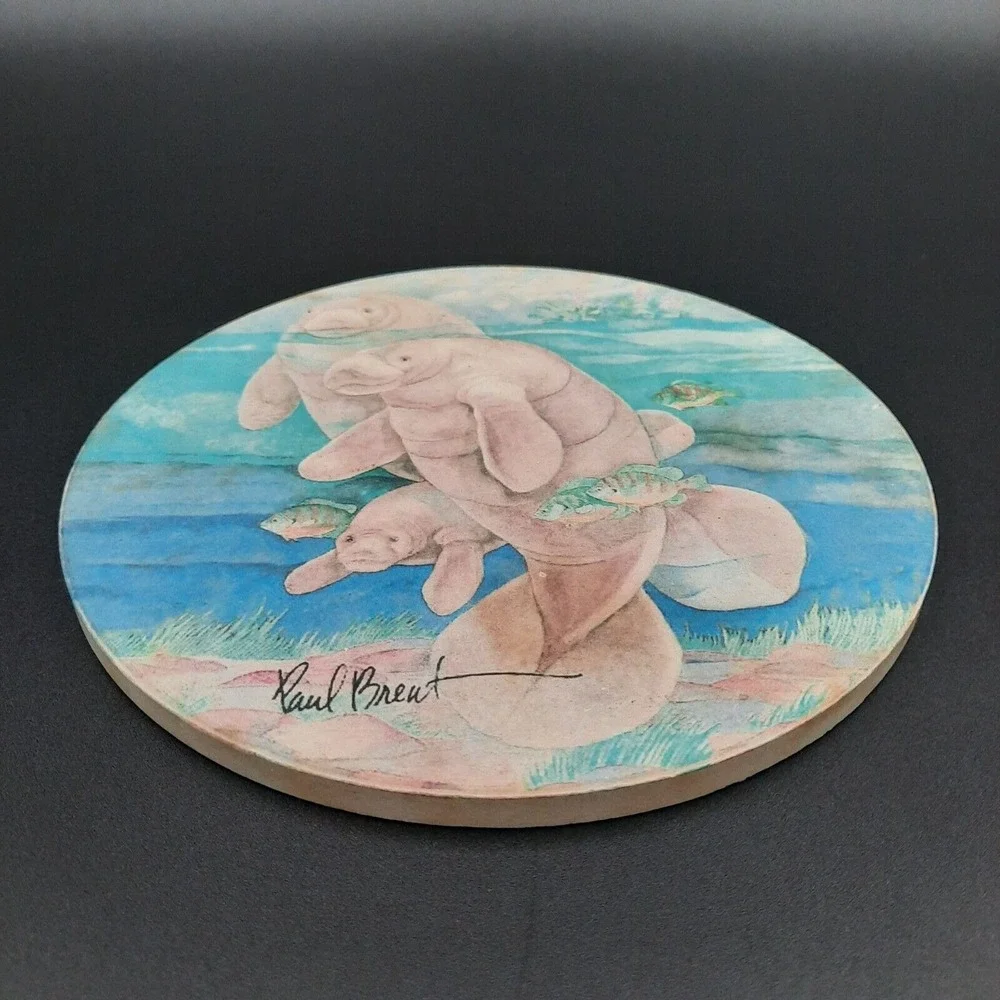 Paul Brent‎ Manatee Family Round Ceramic Coaster Replacement With Cork Backing